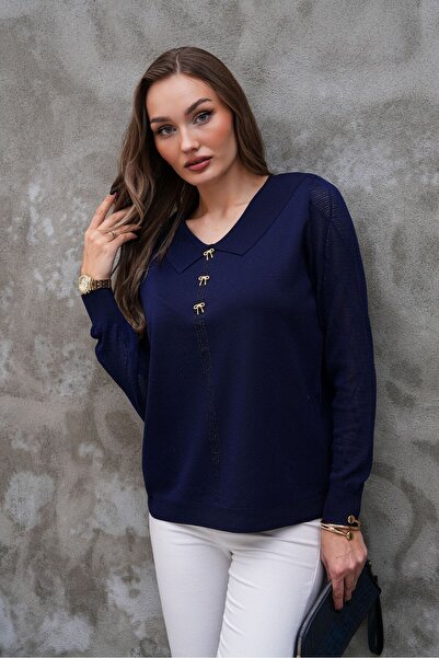 AGORATEKSTİL سترة نسائية من التريكو الميرسيريزد ذات ياقة وأكمام