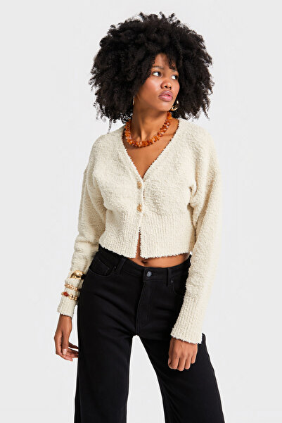 its basic Women's Ecru Color W5-105 Accessory Detailed Tasseled Fabric Sweater Cardigan