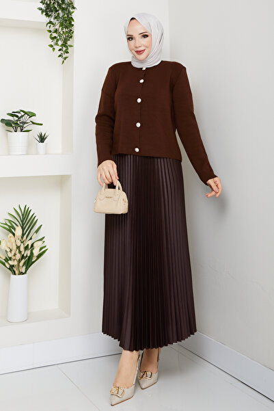 modapark.ist Women's Buttoned Front Knitwear Cardigan Pleated Skirt Set