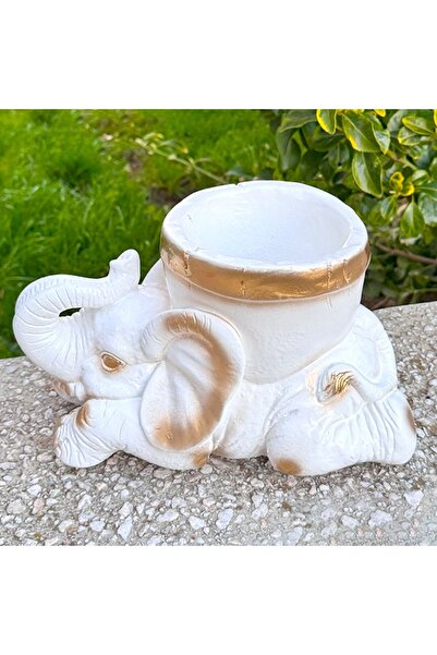 velve Statueta decorativa elefant, cu trompa ridicata si ghiveci practic, Alb-Auriu, 27 cm