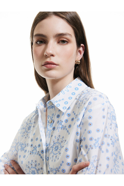 Koton Cămașă lungă din poplin cu mâneci 3/4 din bumbac, cu guler clasic, cu modele etnice
