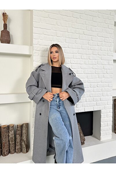 LE CARAMBOLE Women's Premium Long Cashmere Coat with Gray Sleeves and Shoulder Epaulettes