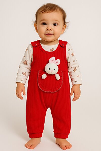 dinamik çocuk Baby Girl Romper Set with Toy Rabbit and Snap Fasteners, 2-Piece Romper Set – Bodysuit and Romper | 3-6-9 Months