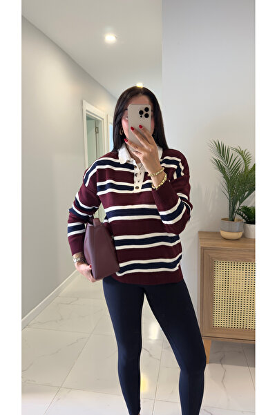 BİRCANÇİL Buhy Burgundy Cream Polo Neck Striped Knitwear