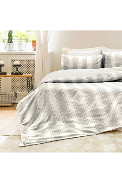 Şaheser Cotton bed linen with woven stripes, Nenas Ecru/Anthracite