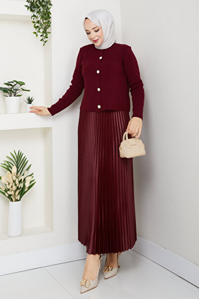 modapark.ist Women's Buttoned Front Knitwear Cardigan Pleated Skirt Set