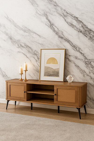 MARIA HOMES حامل تلفزيون خشبي بني مع مساحة تخزين | خزانة تلفزيون عصرية مع أرفف وأبواب جانبية | ١٨٠×٤٠×٥٠ سم