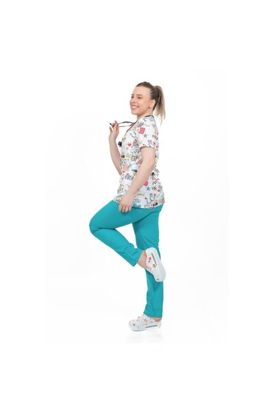 DEMOTEKS Medical Kimono Elastane Blouse, White with Print, Women - Ambulance Medical Uniform Model