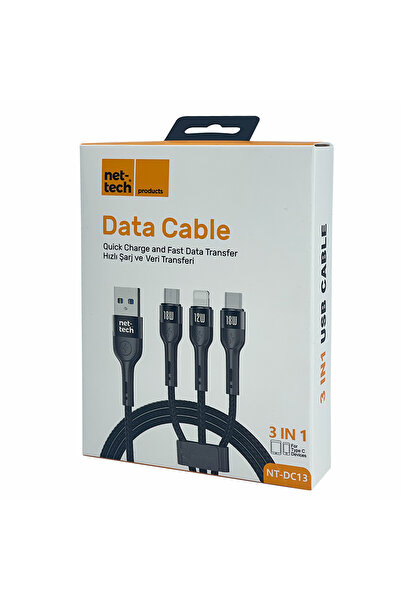 Nettech NT-DC13 İp Örgü 100 Cm USB To Micro + Lightning + Type-C Şarj ve Data Kablosu