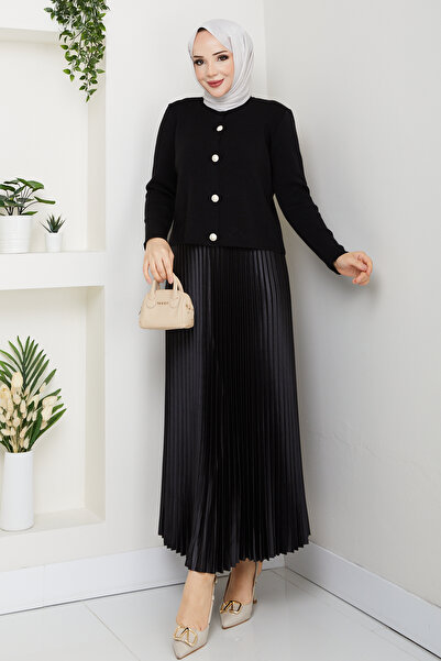 modapark.ist Women's Buttoned Front Knitwear Cardigan Pleated Skirt Set