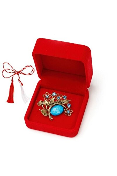 OEM Martisor brosa vintage cu pietre fatetate in cutie de catifea, albastru