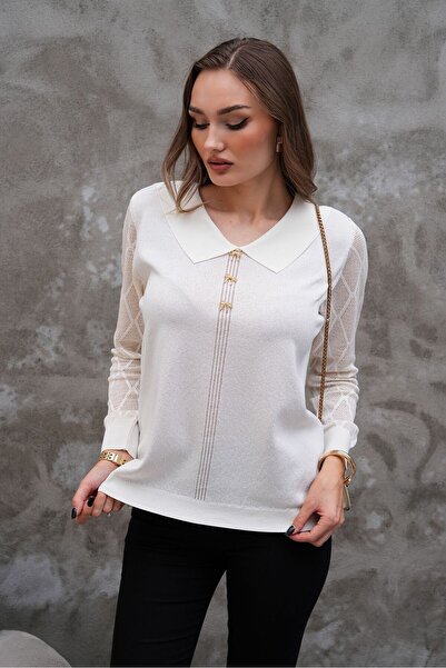 AGORATEKSTİL Pulover de tricotat mercerizat pentru femei, cu guler și mâneci