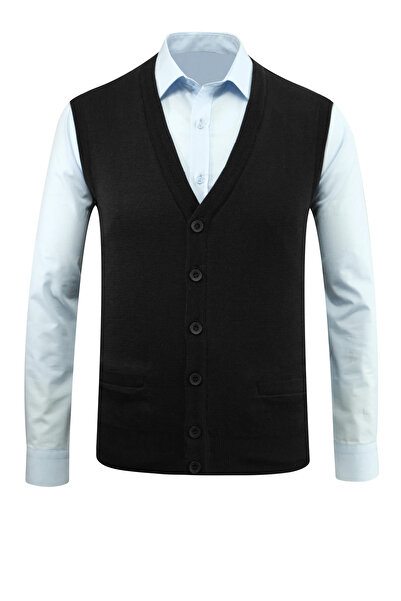 Çizgi Triko Men's Plus Size Buttoned Vest Knitwear with Pockets Steel Knit Classic Fit - 5200lb
