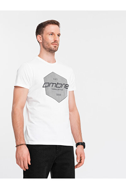OMBRE Ανδρικό βαμβακερό μπλουζάκι με γεωμετρικό τύπωμα και λογότυπο - λευκό V1 OM-TSPT-0141 XXL