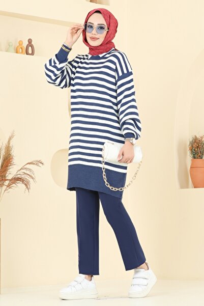 ModaMerve Çizgi Detay Triko Tunik 6005KL398-MS İndigo