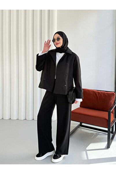 Hatun Atila Kruvaze Yaka Kısa Trençkot 999001 - Siyah