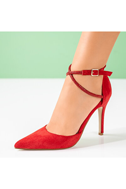 BMoD Red suede women's shoes with a stiletto heel and a strap with rhinestones MOD09038