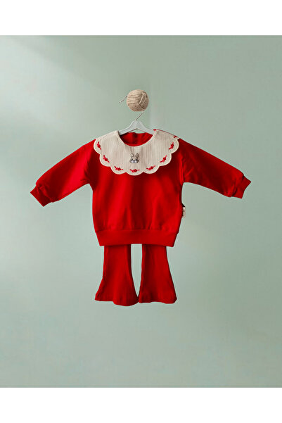 bebeglee Vovido-Kırmızı Kız Bebek 2’li Takım – Fırfırlı İşlemeli Yaka Detaylı Sweatshirt ve Fitilli Tayt