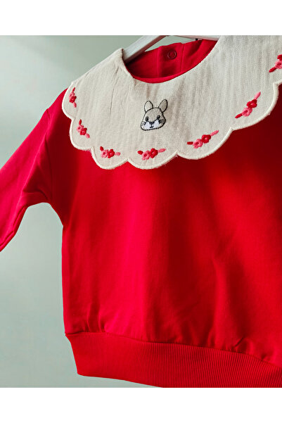 bebeglee Vovido-Kırmızı Kız Bebek 2’li Takım – Fırfırlı İşlemeli Yaka Detaylı Sweatshirt ve Fitilli Tayt