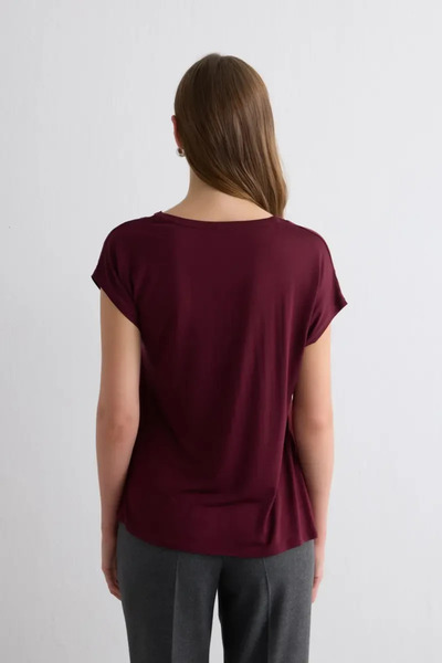 Gusto Yuvarlak Yaka Önü Saten Viskon Tshirt - Bordo