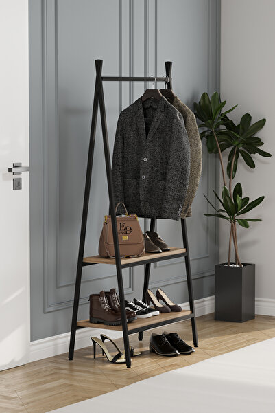 ED Efelez Design Jade Konfeksiyon Elbise Askılık , 2 Raflı Askılık , Siyah Metal - Atlantik Çam Tabla