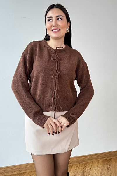 Cappmoda Trk-5318 Brown Front Tie Casual Knit Cardigan