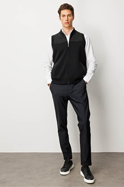 Desen Triko Men's Judge Collar Felt Wool Vest with Chest and Pocket Black