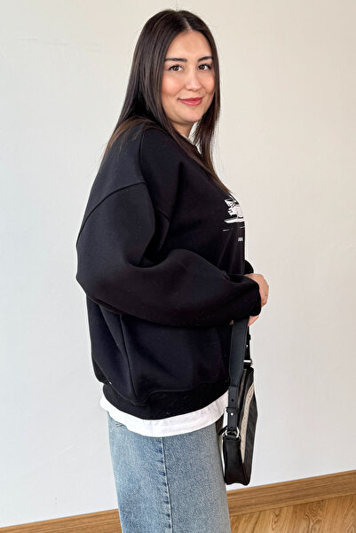 Cappmoda Swt-1894 Black Printed Raised Three-Thread Compact Combed Cotton Fabric Sweatshirt