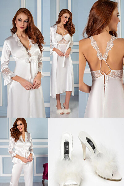 Mavelle Women's Ecru 6-Piece Bridal Dowry Set Nightgown & Dressing Gown & Pajama Set & Shorts Set with Slippers as a Gift