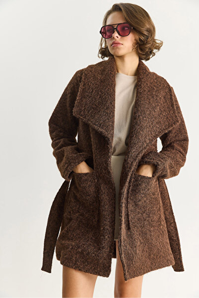 Bianco Lucci Kadın Kruvaze Yaka Astarlı Kuşak Bağlamalı Kırçıllı Kaşe Kaban 99002 60283566