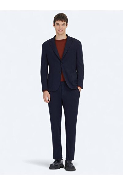 Kip Navy Blue Striped Modern Fit Knitted Suit