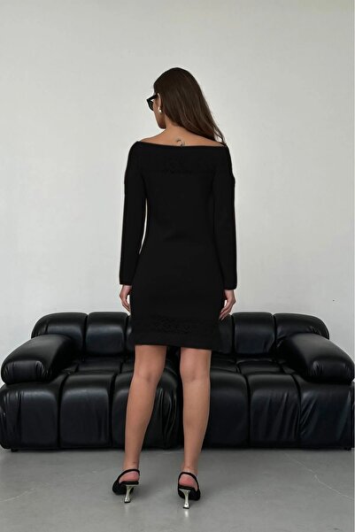 citystyle Kadın Siyah Triko Elbise Dantel Yaka Uzun Kollu