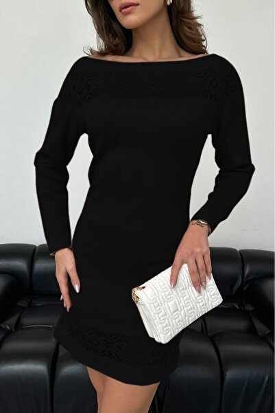 citystyle Kadın Siyah Triko Elbise Dantel Yaka Uzun Kollu