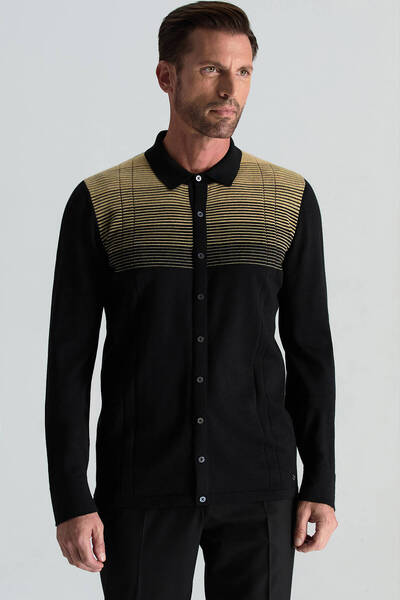 Hemington Merino Yün Pamuk Karışım Şerit Desenli Düğmeli Siyah Triko Gömlek