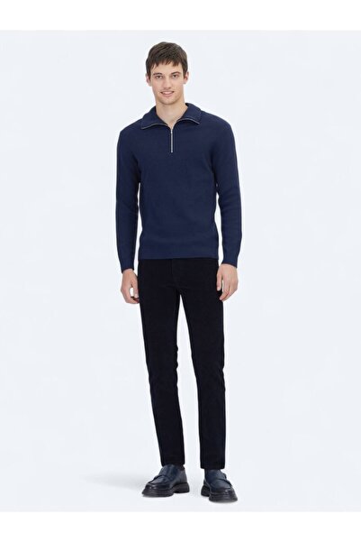Kip Navy Blue Polo Neck Jacquard Knit Sweater