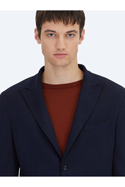 Kip Navy Blue Striped Modern Fit Knitted Suit