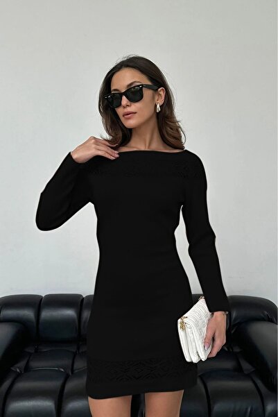 citystyle Kadın Siyah Triko Elbise Dantel Yaka Uzun Kollu