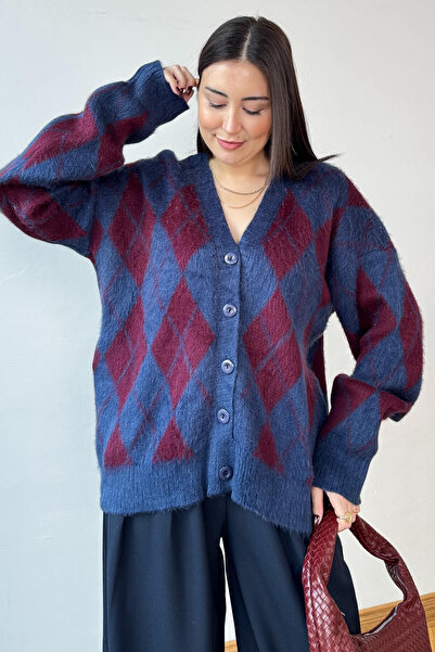 Cappmoda Trk-8182 Burgundy-Navy Blue Knitted Cardigan with Diamond Pattern Oversize Cardigan