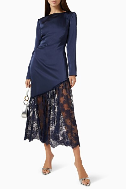 MALıNA Suki Midi Elbise, Çapraz Kesim ve Dantel Detaylı Koyu Mavi Zarif Tasarım