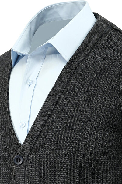 Çizgi Triko Men's Plus Size Buttoned Cardigan with Pockets Patterned Steel Knit Classic Fit - 5208Mb