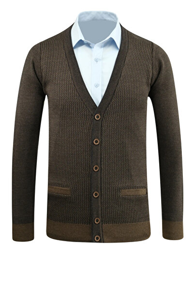 Çizgi Triko Men's Plus Size Buttoned Cardigan with Pockets Patterned Steel Knit Classic Fit - 5208Mb