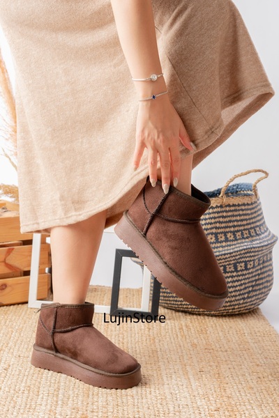 ljn lujinstore LujinStore Kadın Kalın Taban İçi Kürklü Yarım Bot Tefis Süet
