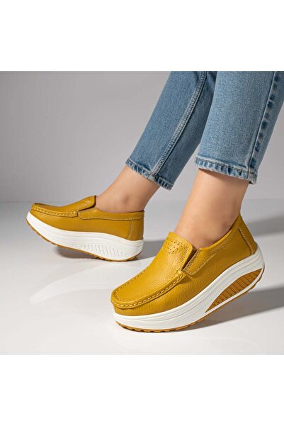 Modlet.ro Pantofi casual galbeni pentru femei cu talpă groasă din piele MOD03867