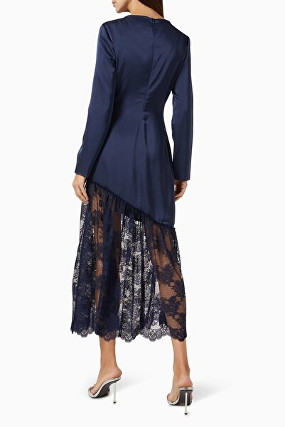 MALıNA Suki Midi Elbise, Çapraz Kesim ve Dantel Detaylı Koyu Mavi Zarif Tasarım