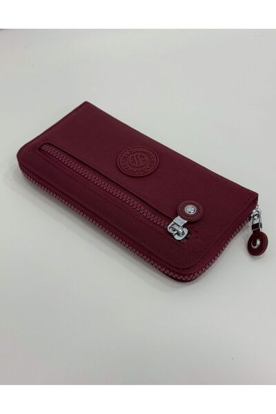 VESSARA محفظة نسائية باللون الأحمر الداكن مع حامل بطاقات بسحاب معدني من القماش المجعد وحجرة للعملات المعدنية