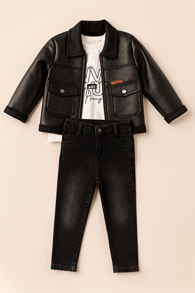 Uğur bebe Boys' Black Leather Jacket Combination Leather Jacket Pants Sweatshirt Feel Comfort and Style
