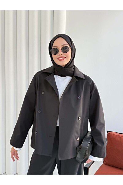 Hatun Atila Kruvaze Yaka Kısa Trençkot 999001 - Siyah
