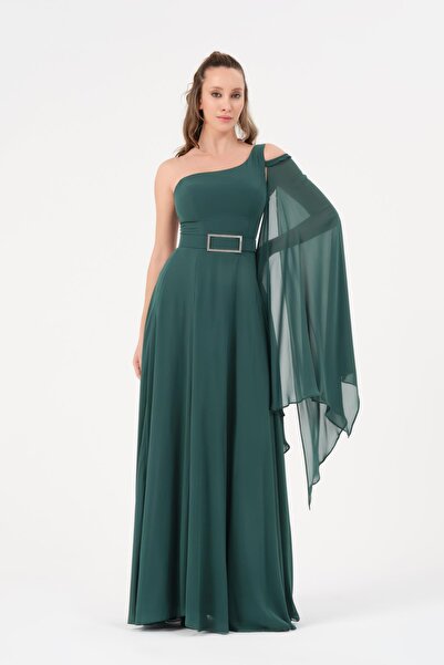 Dans Tekstil Tek Omuz Kuşak Detaylı Şifon Dar Kesim Abiye Elbise Zümrüt Yeşili