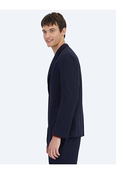 Kip Navy Blue Striped Modern Fit Knitted Suit