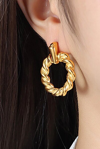 TAKIŞTIR Gold Color Twist Detailed Steel Earrings (Pair)